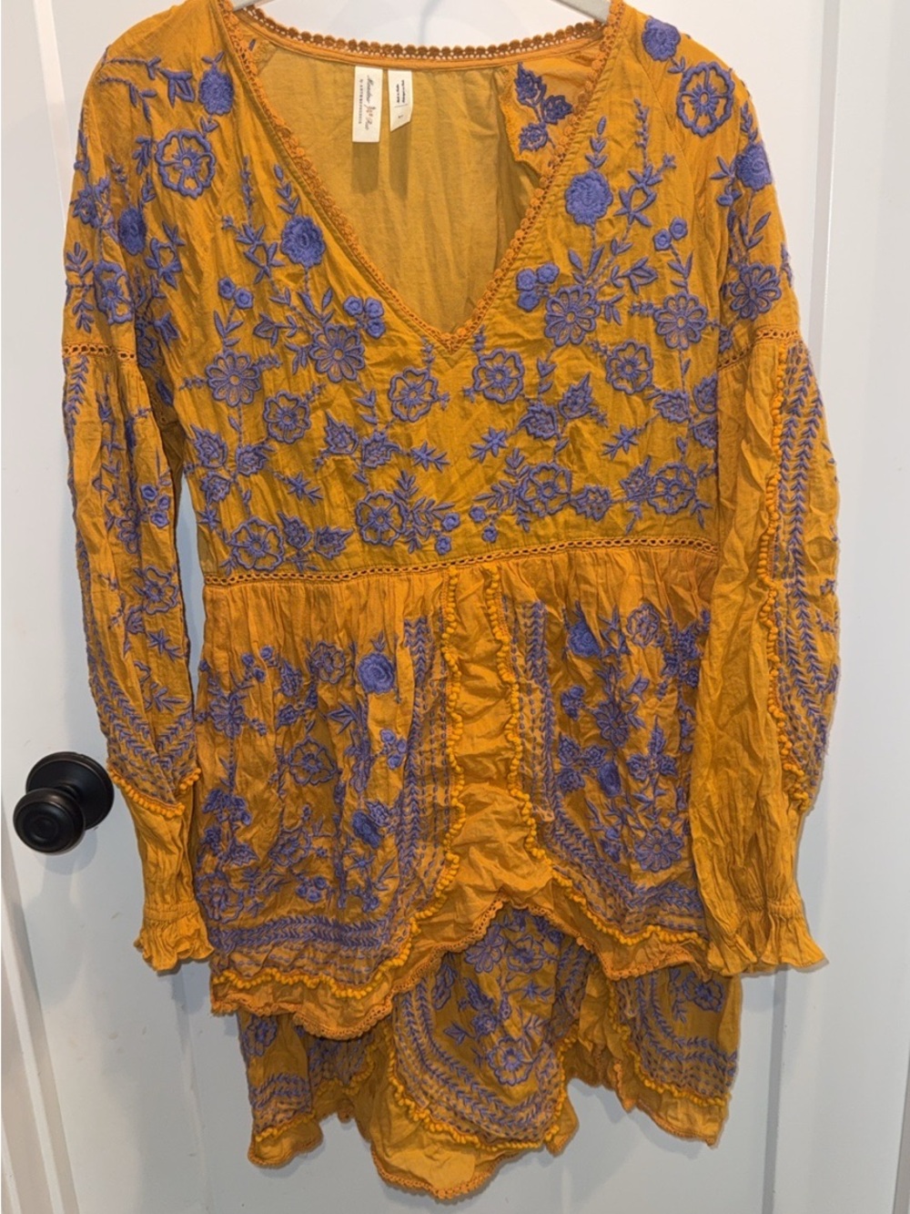Anthropologie Mustard Dress with Purple Floral Embroidery